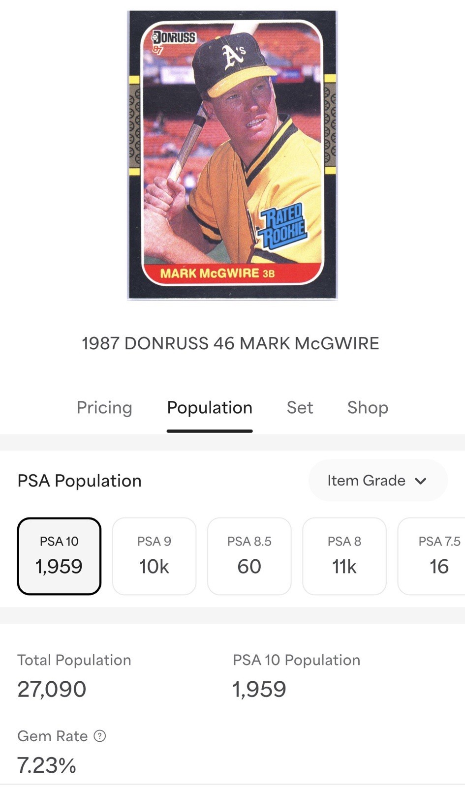 1987 Donruss Mark McGwire #46 PSA 10 Rated Rookie Card RC Oakland Athletics view 4
