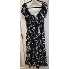 Nine West Womens Small Black White Abstract Midi Dress Puff Sleeve Smocked Rayon