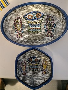 ARMINIAN CERAMIC dish FISH & Basket Made in Jerusalem Blue trim Set