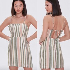 Forever 21 Green Pink & White Striped Mini Cami Linen Dress Size Large