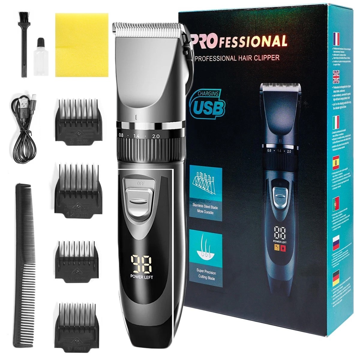 Professional Cordless Hair Clipper Trimmer Kit Barber Quality, Rechargeable