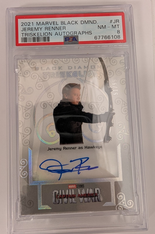 2021 UD Marvel Black Diamond Triskelion Auto Hawkeye Jeremy Renner PSA 8 51/99