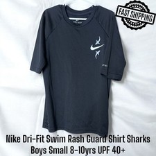 Nike Dri-Fit Swim Rash Guard Shirt Sharks Boys Sz Small 8-10 UPF 40 FAST SHIP 