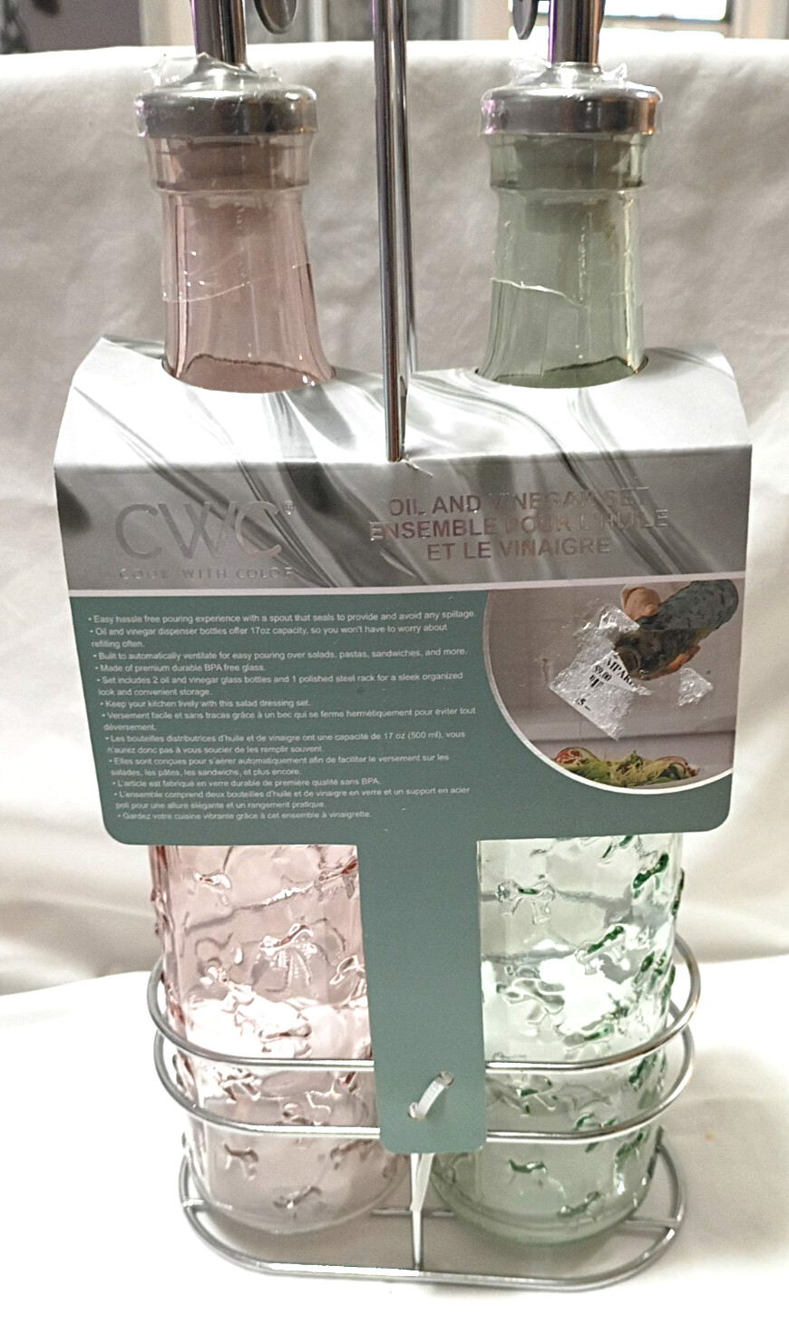 Cook With Color CWC Glass Gold Oil & Vinager Dispensers Pink & Green 17oz