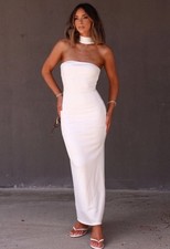 FORE Size Large Maxi Dress White Halter Back Slit Old Money Party Elegant