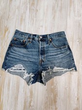 Levis 501 Button Fly Distressed Denim Shorts Medium Wash Womens Size 28