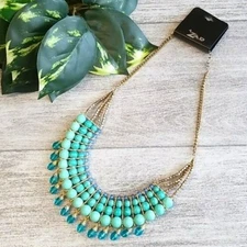 ZAD turquoise, blue & gold beaded bib necklace NEW