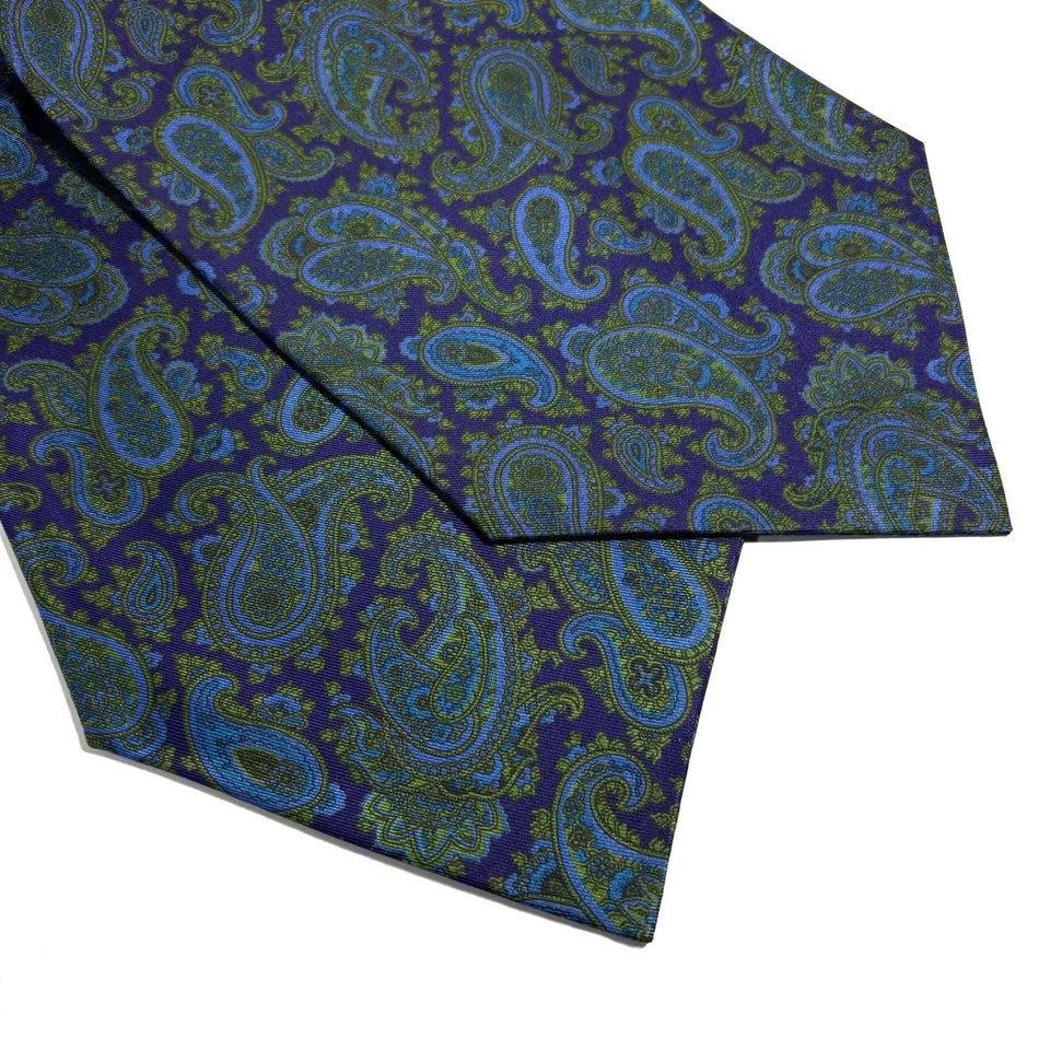 Corbata/ascot de seda cachemira azul marino y verde serigrafiado (hecho a mano en Italia) Foto 2 de 4