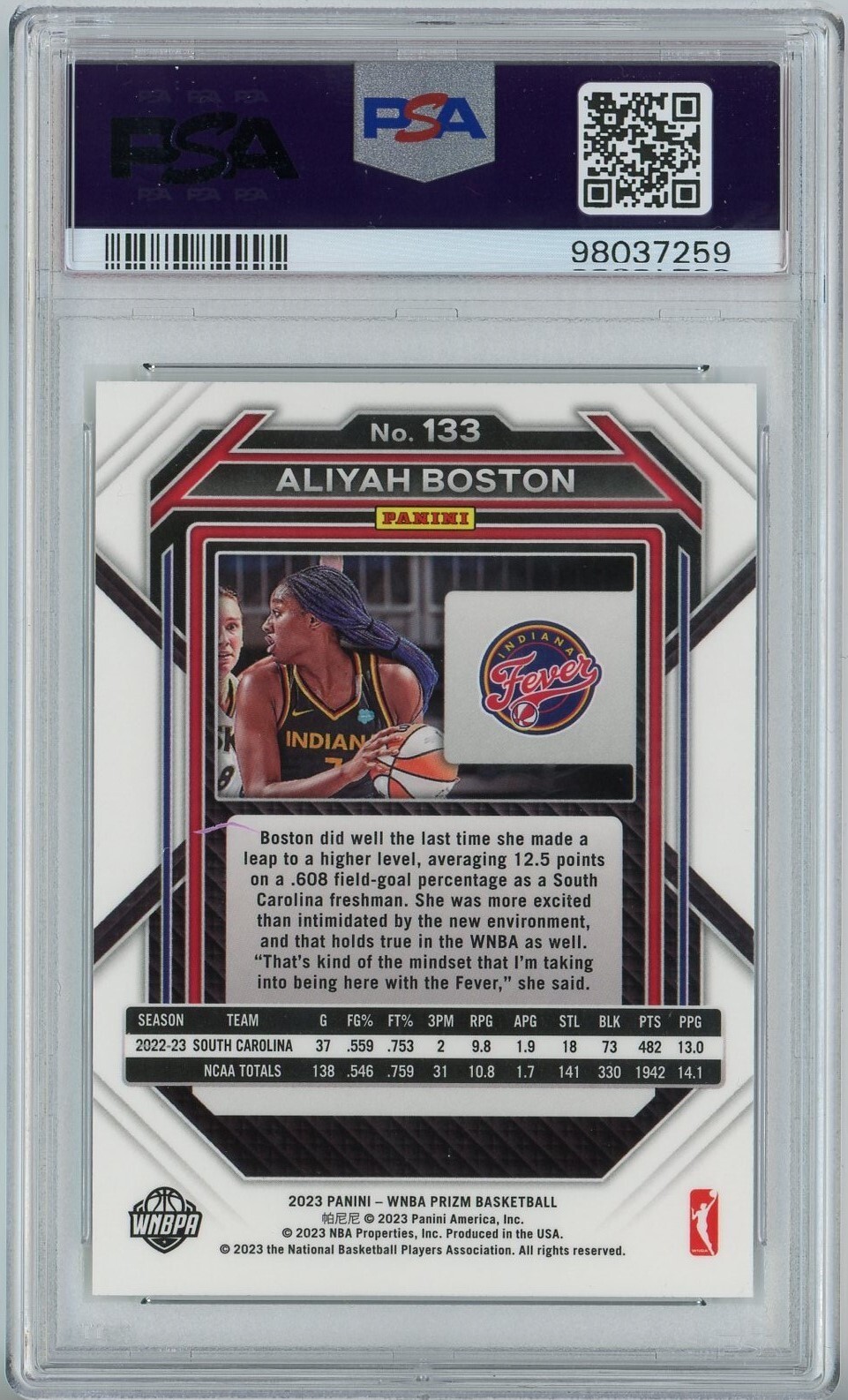 2023 Panini Prizm WNBA 133 Aliyah Boston RC PSA 10 Gem Mint POP 115 view 2