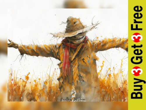 Autumnal Scarecrow, Traditional Watercolor Painting Print 5"x7" on Matte Paper - Afbeelding 1 van 6