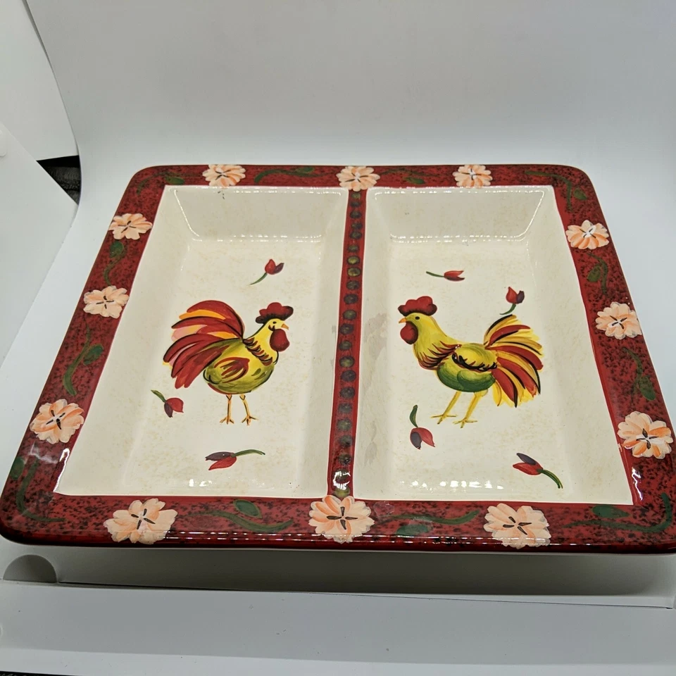 11" Rustic decorator rooster plate by Jay Imports - 2 Section Dish.  - Image 2 of 4