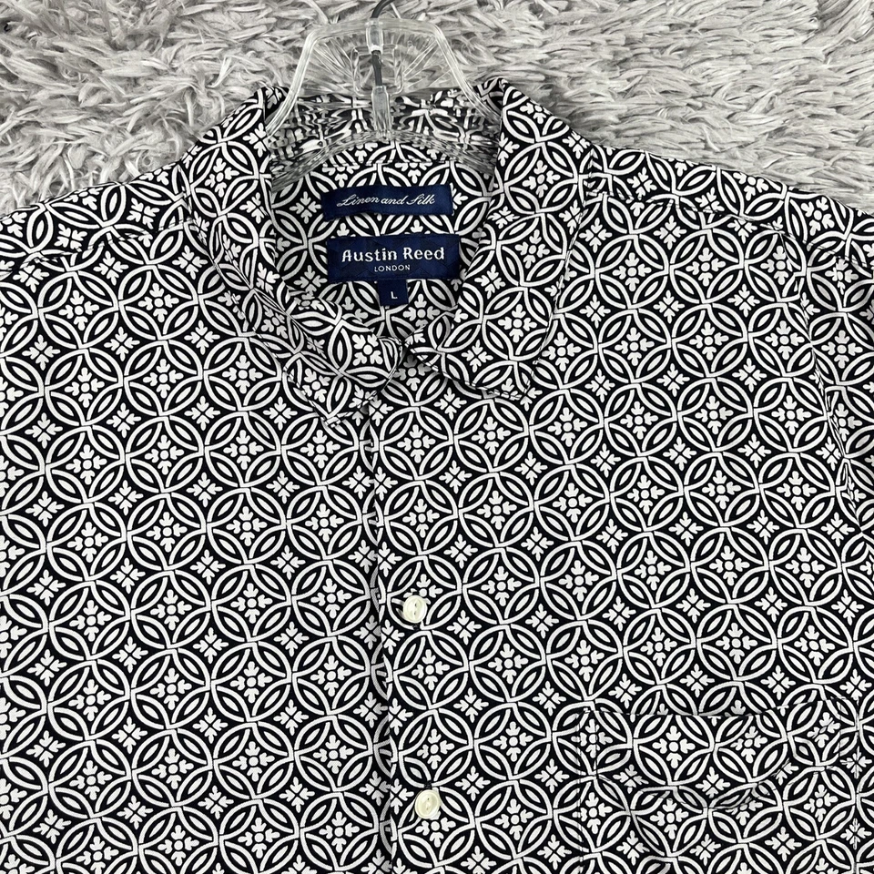 Mens Austin Reed London Linen silk Shirt Short Sleeve Button Large Geometric - Image 2 of 4