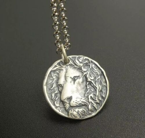 Handmade Unique Antiqued Sterling Silver Lion Head Round Charm Pendant Necklace - Picture 7 of 14