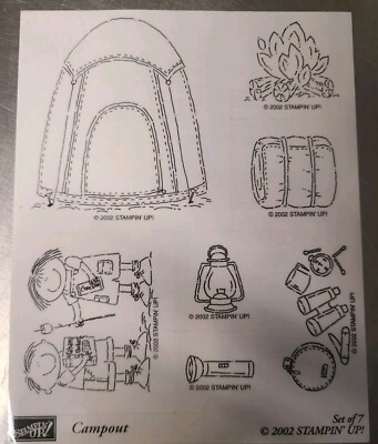 Stampin up CAMPOUT set of 7 ~ 2002 NEW campers making s'mores, tent, flashlight