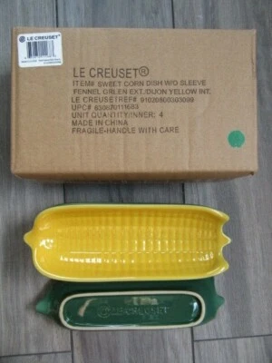 LE CREUSET SWEET CORN DISH, FENNEL GREEN/DIJON YELLOW, NIB