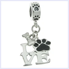 Sterling Silver Love Pet Footprint Black Enamel Bead for European Charm Bracelet