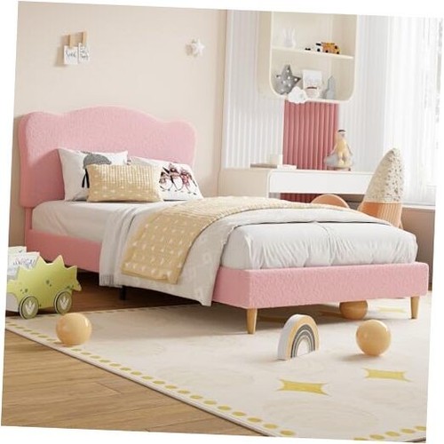 Upholstered Twin XL Size Bed Frame for Kids with Scallop Headboard, Cute