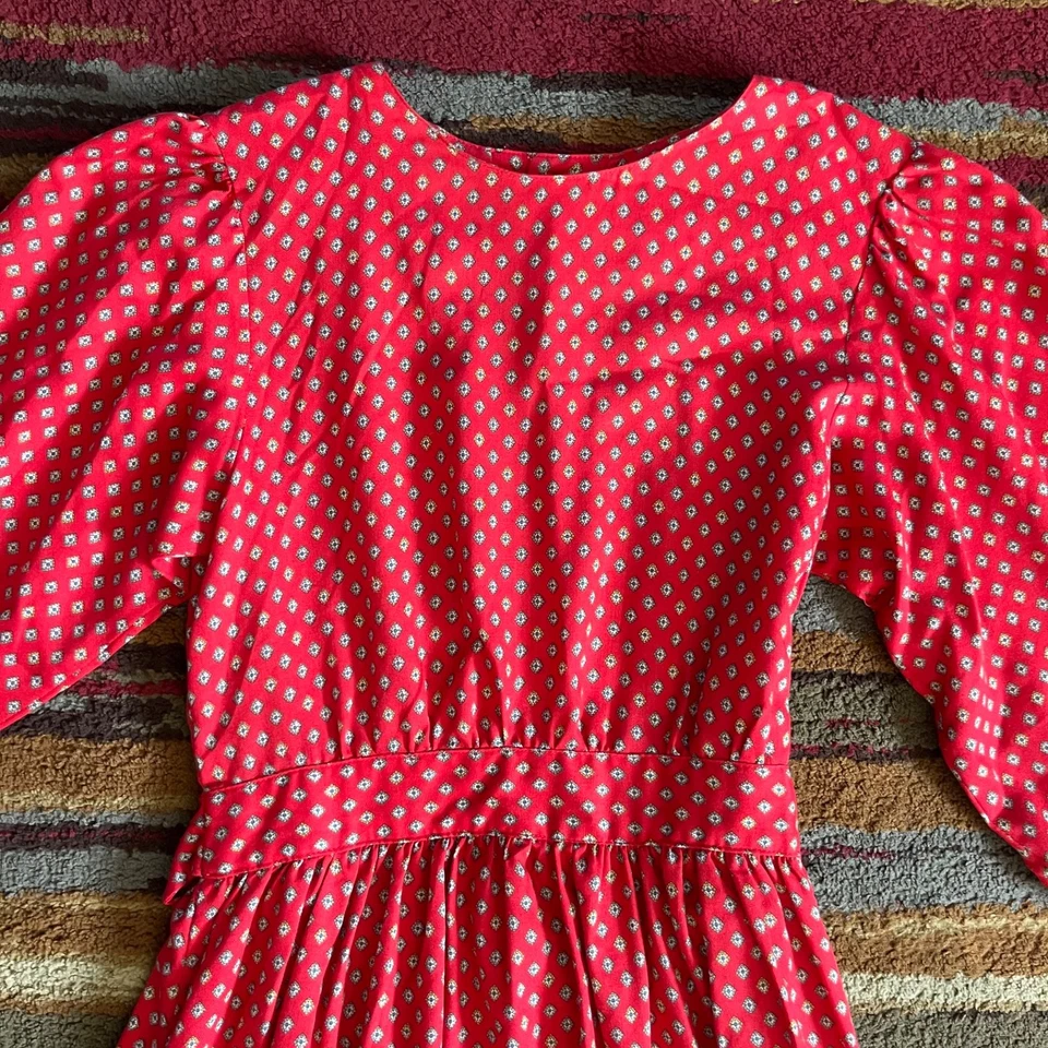 Maxi Vestido Lanz De Colección Para Mujer Talla 10 Rojo Floral Botón EE. UU. Volantes Manga Abullonada  Foto 3 de 4