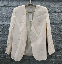 New MANGO Padded Shoulders Open Lyocell And Linen Blazer Ecru Ivory Size M