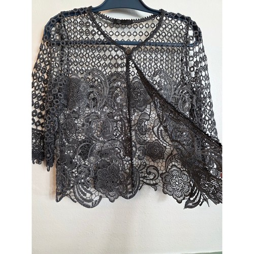Black Crochet Lace Kimono Cardigan Sheer Boho Floral Open Front Top Lightweight - Afbeelding 8 van 13