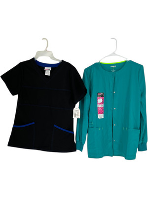 Scrubstar Scrub Top & Jacket Women's Size XS Black Teal Medical Uniform Set