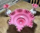 Fenton Peach Crest Vintage 13” Bowl W/ 2 Flower Vases 6.5” Pink & White Set