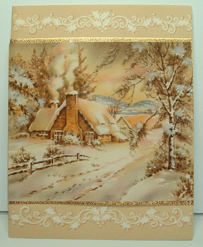 Foil -- Snowy Cabin - 1940's Vintage DOEHLA Christmas Greeting Card