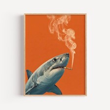 Great White Shark Smoking Cigarette Poster, Funny Ocean Animal Wall Art