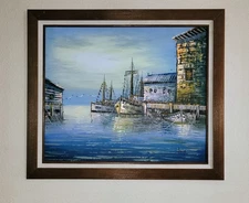 Framed Harbor Scene with Boats Oil Painting Signed by King