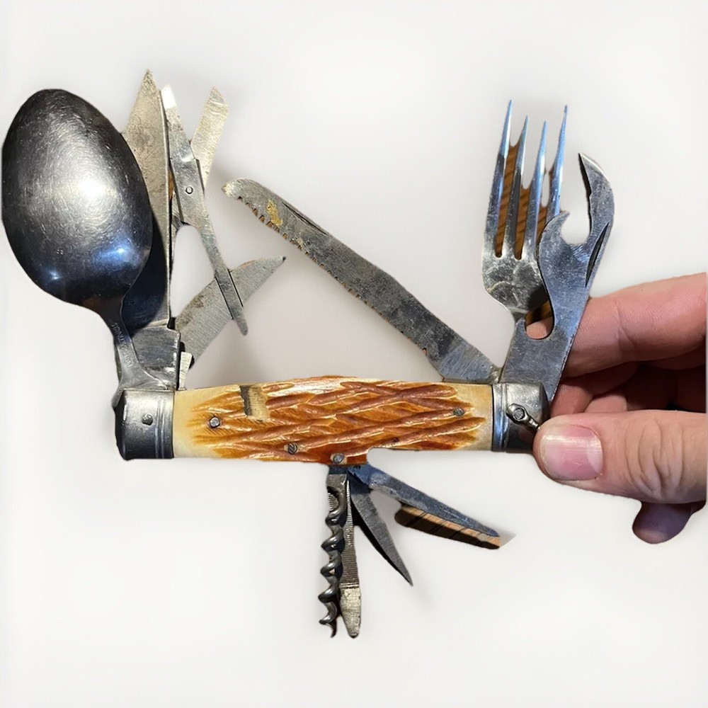 Vintage Stainless Steel Multi-Tool with Fork Spoon Knife Scissors Opener  