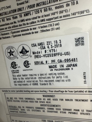 Rinnai V75iN Indoor Tankless Water Heater 180k BTU Natural Gas (B-22 #1868) - 第 6/9 張圖片