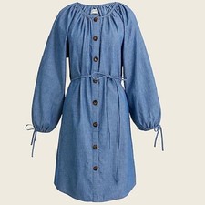J Crew New women Tie-sleeve button-front dress in chambray long sleeve in blue