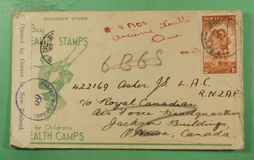 DR WHO 1942 NEW ZEALAND FDC? HEALTH SEMI POST TO CANADA WWII CENSORED R48962