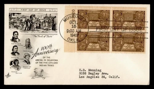 DR WHO 1948 FDC INDIAN TRIBE ANIV PLATE BLOCK ARTCRAFT CACHET M75276
