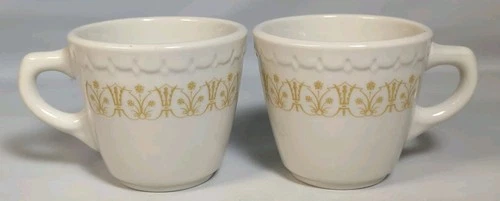 2 Retro Syracuse Mugs Coffee Cups Restaurant Ware Econo Rim Harvest Gold Vintage