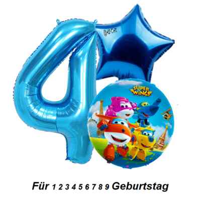 Super Wings Folienballon Jett Ballons 3x Jet Junge Geburtstag Zahl 1-9 Blau
