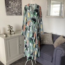 Grey Abstract Art Print V-Neck Long Sleeve Ruched Front Side Slit Maxi Dress 10