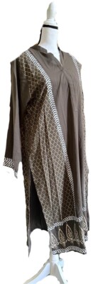 Skin Olive Green Cotton Linen Block Print Women Kurti Size M+Free Henna