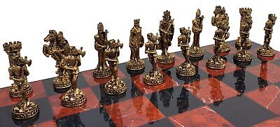 Medieval Times Crusades Pewter METAL Chess Set 16 Black & Red Faux Marble  Board