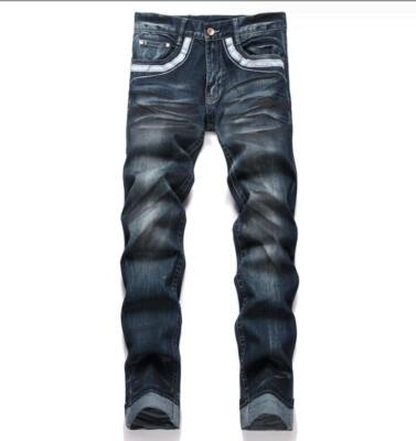 Mens Denim Straight Leg Jeans Dark Blue Stretch Skull Embroidered