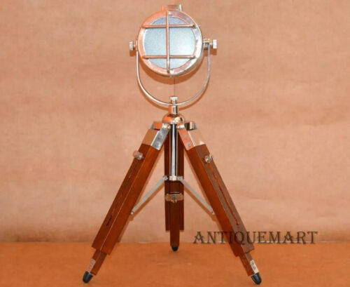 Antique brass spot light with wooden 18" tripod stand floor lamp collectibl - Picture 1 of 5
