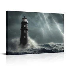 Artsbay Lighthouse Wall Art Black and White Nautica Storm Ocean Wave Seascape...
