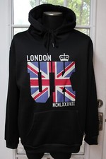 Unbranded "London UK" Fleece Lined Black Color Hooded Sweatshirt Men L NWT