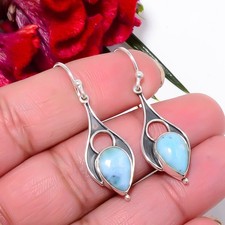 Natural Larimar Oxidised 925 Sterling Silver Handmade Earring 1.72" Sku33