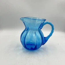 Hand Blown Cobalt Blue Art Glass Pitcher Ribbed Optic w/ Applied Handle 6"