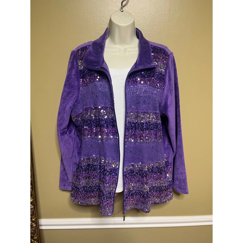 Quacker Factory Purple Velour Striped Sequin jacket - Image 3 of 4