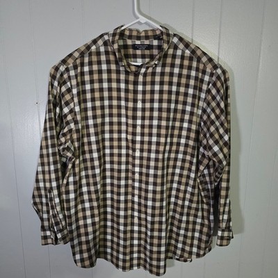 Roundtree & Yorke Men's 3XT Brown Tan Gingham Plaid Easy Care Button Down Shirt