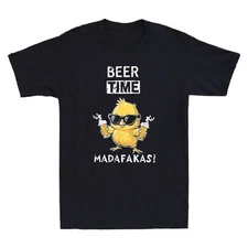 Beer Time Madafakas Funny Glasses Chicken Hold Beer Meme Quote Retro Men T-Shirt