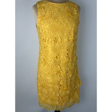 WHBM Size 6 Bright Yellow Lace Shift Dress Floral Bloom Appliqué Retro Feminine