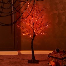 Lighted Black Halloween Trees with 150 Orange LED Fairy Lights 4FT Plug in, S...